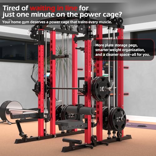 Smith Machine Home Gym with LAT Pulldown, Power Squat Rack Cage 2000lbs All in One Dual Cable Crossover Machine, Strength Training Power Cages with Pulley Workout System, Garage Bench Press - Thumbnail 5