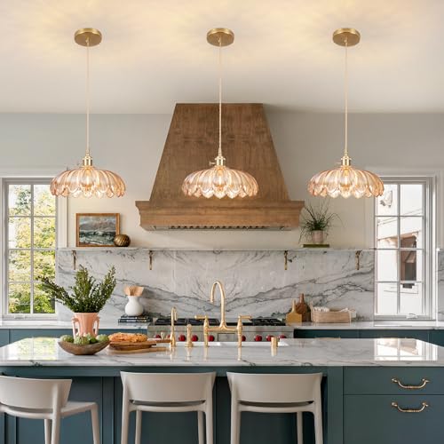 Loiogohot Pendant Lights Kitchen Island,Amber Glass Vintage Light Fixtures,9.8inch E26 Adjustable Hanging Light Flower Finish Ceiling Hanging Lamp for Bedroom Living Room Hallway 1 Light by Loiogohot - Used condition - Image 4