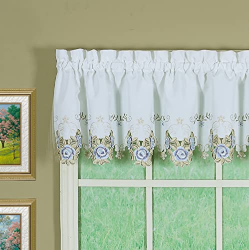 Today's Curtain Verona Reverse Embroidery Valance, 14", White/Blue #TOP5