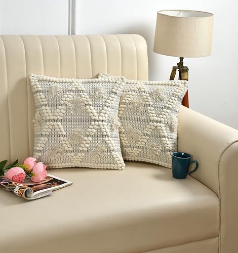 Image of TIB Premium Boho Decorative Throw Cushion Covers, 16 x 16 cm, Set of 2, Cotton. (White Cross)-230 TC