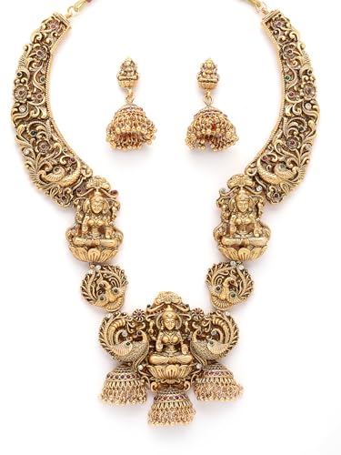 Sukkhi South Indian Traditional Temple Gold Plated Long Necklace with Jhumka/Jhumki Earring Jewellery Set for Women & Girls|NS107415