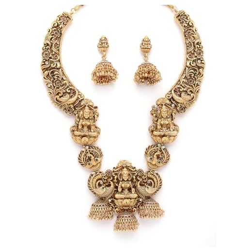 Sukkhi South Indian Traditional Temple Gold Plated Long Necklace with Jhumka/Jhumki Earring Jewellery Set for Women & Girls|NS107415