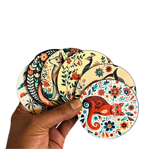 Image of Zesta Coasters for Cups Set of 6 / Wooden Coasters for Bar Accessories for Home /Tea Coaster Set of 6 / Waterproof Dining Table Decor Glass Cover (Black Abstract, Circle)