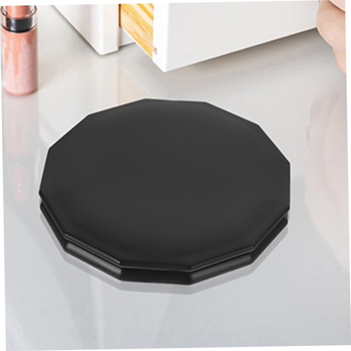 Mikinona Specchio Cosmetico Compatto Ingrandimento 5x, 2 Pezzi, Design a Coperchio Ribaltabile, in Resina e Vetro, Nero, per Viaggi