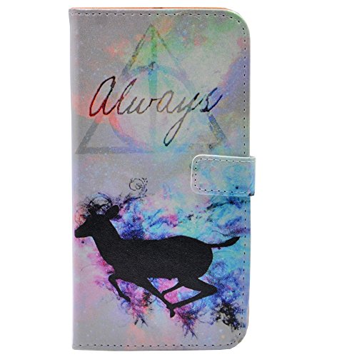 iPhone 6S Case - Unique Deathly Hallows Always Deer Splatter Pattern Slim Wallet Card Flip Stand PU Leather Pouch Case Cover for Apple iPhone 6 6S Cool as Great Gift