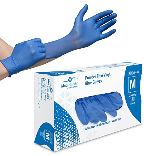 Farla Medical MediHands Vinyl Gloves - Disposable Vinyl Gloves Medium - Powder Free, Latex Free, & Protein Free Blue Gloves - Multi-Purpose, Single Use - Box of 100