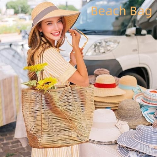 Beach Bags for Women,Mesh Tote Bag with Large Inner Pocket, Sandproof Shoulder Handbag for Beach and Pool3