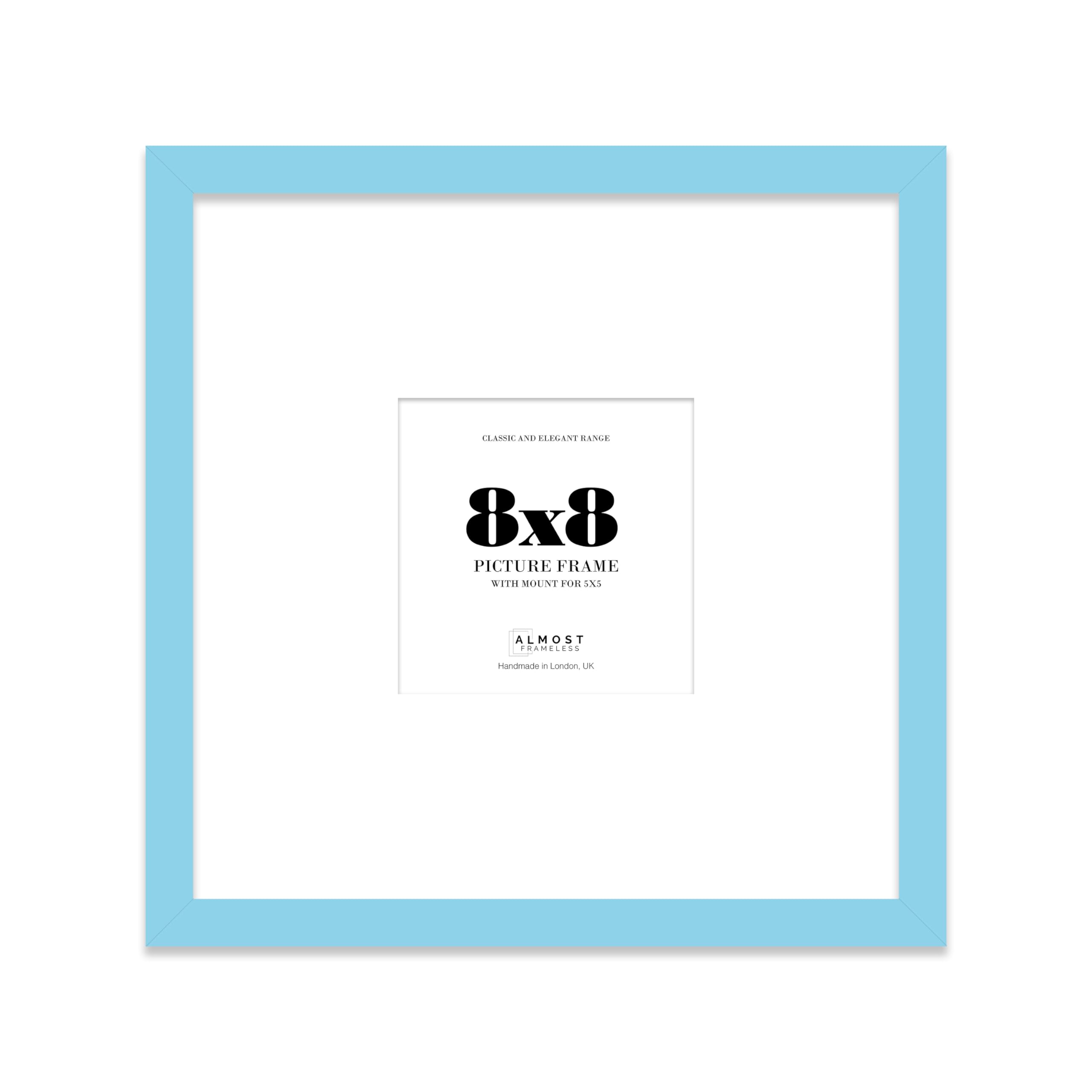 Almost Frameless 8x8 Square Picture Frame, Display Pictures 5x5 With Mat or 8x8 Without Mat, Wall Hanging & Free Standing Photo Frame, Light Blue, 1 Pack
