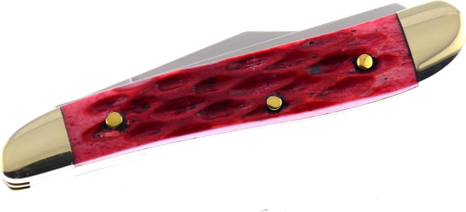 Hen & Rooster International Pocket Knife HRI402-RPB Peanut with a Red Pick Bone Handle German Stainless Steel Blades Closed 2.75 Inches