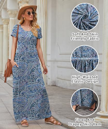 Image of EUOVMY Women's Short Sleeve Loose Plain Maxi Dresses Casual Vacation Long Dresses with Pockets