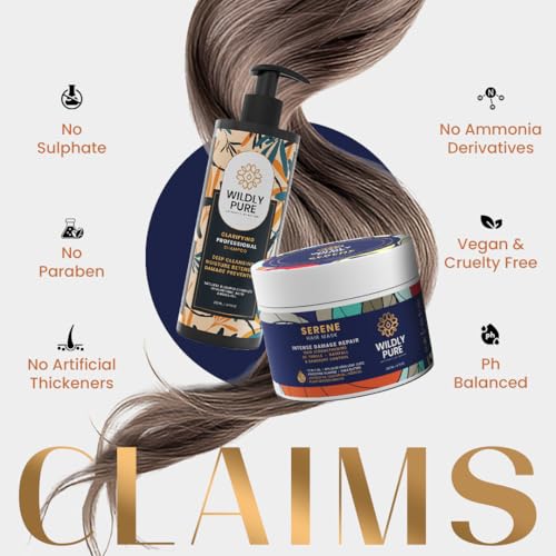 Image of Wildly Pure Clarifying Shampoo & Hair Mask Combo for Hard Water, Metal Damage & Deep Conditioning | With Phospholipids, 12 Oils & Hyaluronic Acid | For Dry, Frizzy, Oily Scalp & Low Porosity Hair | Sulphate & Paraben Free | Men & Women (Pack of 2)