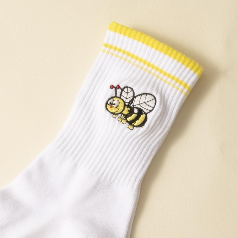 Non-Slip Yoga Socks with Bee Embroidery, White Cotton Crew Length, Yellow Grip Dots, Athletic Sports Stockings2
