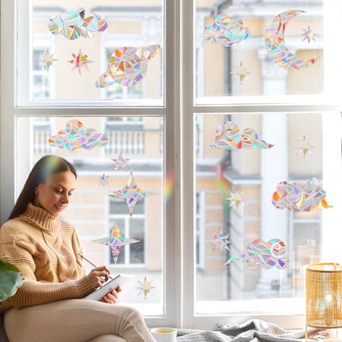 DOPENSPI 28 Stück Prisma Fensteraufkleber, Regenbogen Window Sticker Sonnenfänger Fenster Vogel Anti Kollisions Fenster Aufkleber Vogelschutz Fensterfolie Suncatcher Sticker