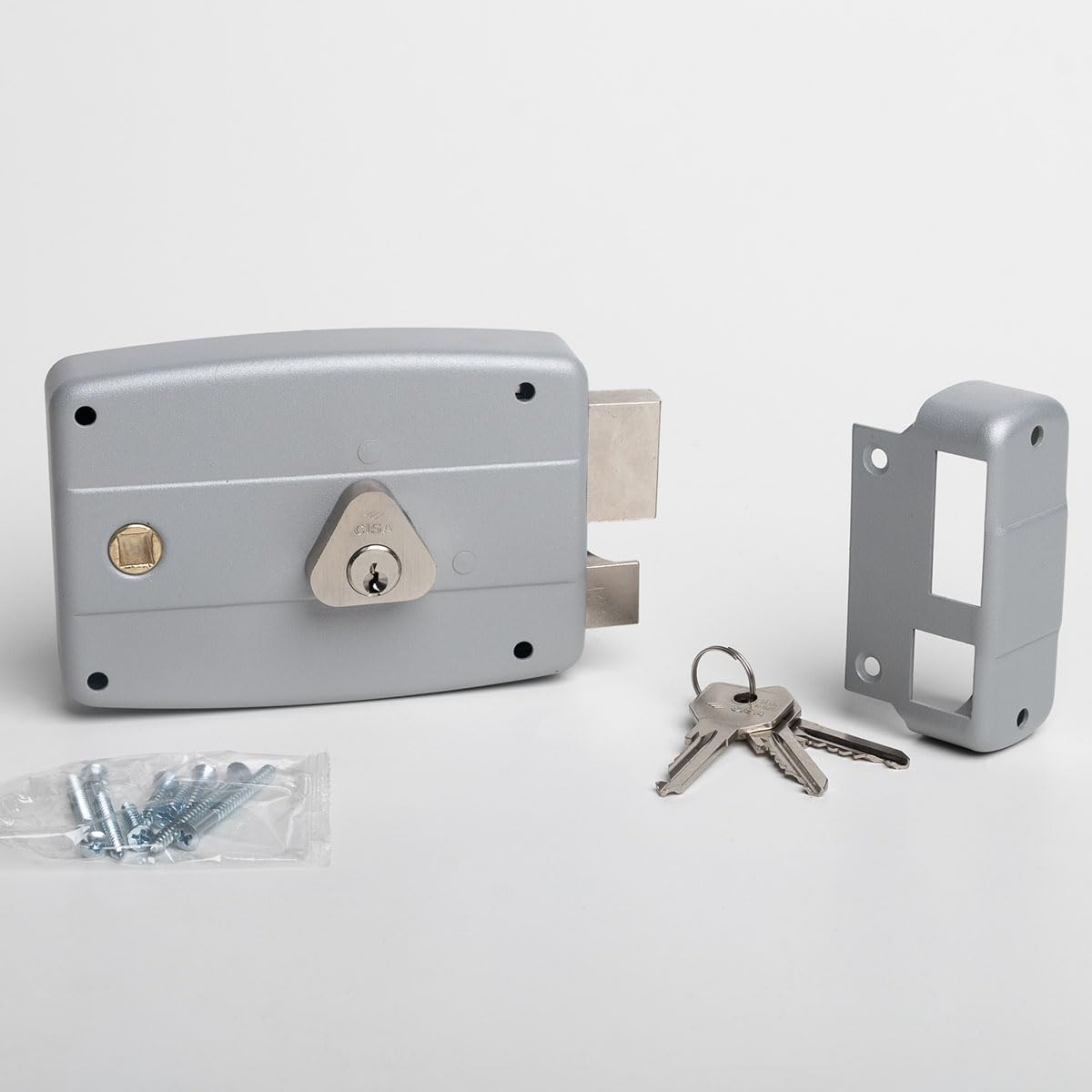 CISA - Serratura per Porte in Ferro da Applicare 15047160195 - Serratura Cancello Esterno in Acciaio Verniciato Grigio con Cilindro nichelato - Entrata 60 - Mano Destra