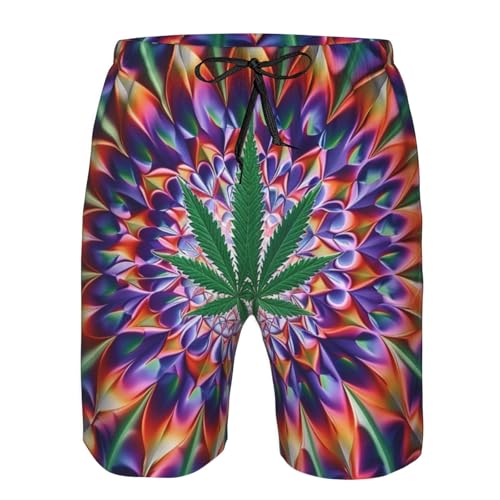 Marijuana Leaves Cannabis Leaf Hippie Psychedelic Trippy Men's Quick Dry Swim Shorts, Mesh Lined Beach Trunks with Pockets