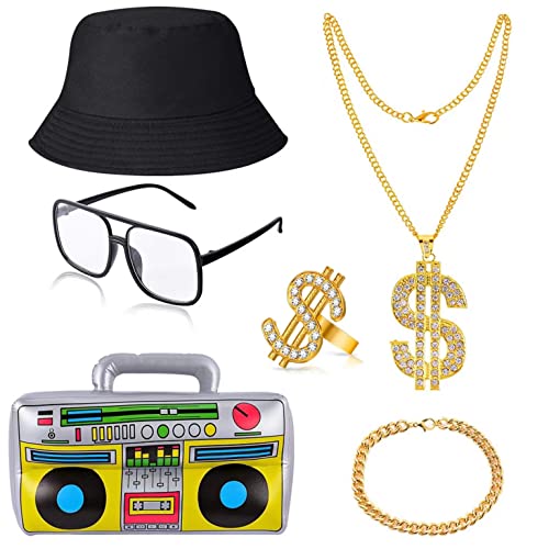 JIAJIAYI Kit de Disfraces de Hip Hop Punk Accesorios,Conjunto Disfraz Rapero Hip Hop Rapper Set Hip Hop Collar Anillo Pulsera y Caja de Radio Inflable 80s 90s Kit de Party Favors Decoración de Fiesta