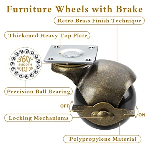 Casters Set Of 4, Antique Brass Ball Casters 1.5 Inch (D=1-1/2", H=2-1/8"), Vintage Castor Wheels For Furniture Casters With Brake, Swivel Top Plate Caster Wheels For Ottoman, Cabinet, Coffee Table #TOP5