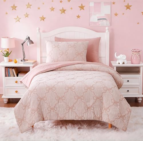Wink Deer Twin Comforter Set with Sheets for Girls-5 Pieces Twin Bedding Sets with Pink Comforter, Sheets, Pillowcase & Sham for Kids (Pink Diamond, 66