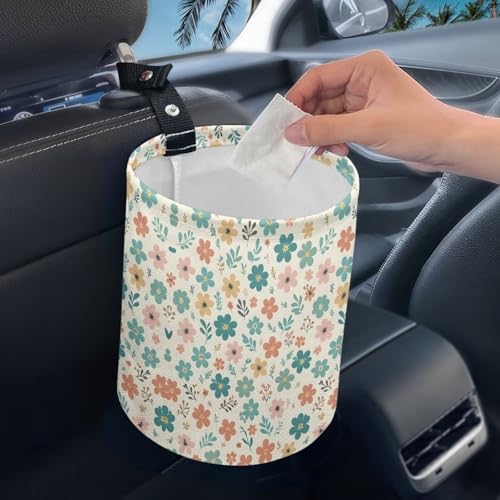 Image of Flowers Car Rubbish Bin Holder Multipurpose Front Seat Back Seat Garbage Container Bag Kitchen Hanging Foldable Rubbish Bin Fashion Vehicle Organization Bin