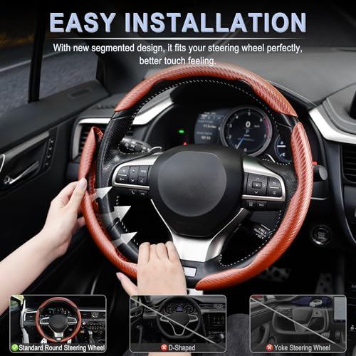 Image of Amiss 3pcs Carbon Fiber Anti-Skid Steering Wheel Cover, Waterproof & Segmented Butterfly Design, Universal 99% Vehicle Wheel Cover Protector, Car Interior Accessories (Champagne-3pcs)