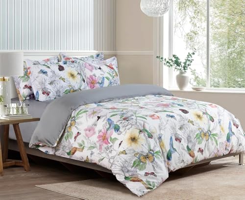 Majestic Giftware Madison Linen 4 Pcs Twin Size Bedding Set (BL504-T-4pcs) Birdsong Paradise 300 TC Cotton Sateen Durable & Washable | 1 Fitted Sheet, 1 Duvet, 2 Pillowcases - Ritz Collection