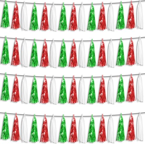 Image of 4P Red Green White Foil Fringe Metallic Tassel Streamers Banner Tassel Garland for Parade Floats, Graduation, Wedding, Birthday, Halloween, Christmas, Mexican Italian Birthday Party Decorations