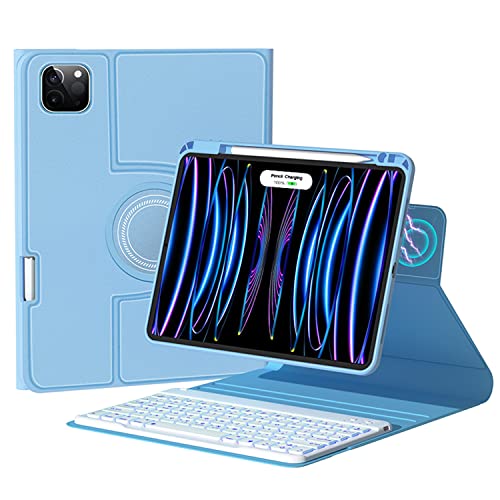 360° Rotatable iPad Pro11 4th 3rd 2nd Gen /Air4 2020/Air5 2022 keyboard case, 7-color backlight Detachable transparent back cover BT keyboard Built-in pencil holder (iPad Air4/Air5/Pro11, Sky Blue) -  GOOVEN