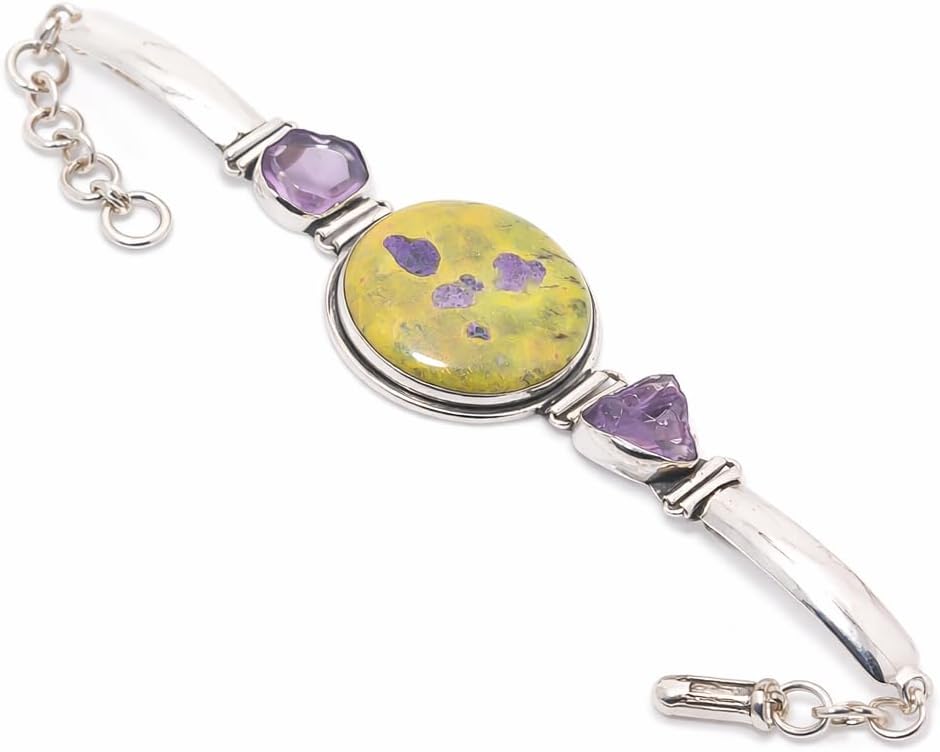 Natural Australian Atlantisite & Brazilian Amethyst Rough Bracelet – 925 Sterling Silver Unisex Gemstone Jewelry
