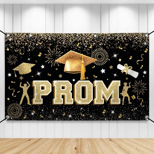 Image of KatchOn, 72X44 Inch, Black and Gold Prom Backdrop for Graduation Decorations 2026, Photography Graduation Party, Grad Party Prom Decorations 2026 Graduation Party Decorations