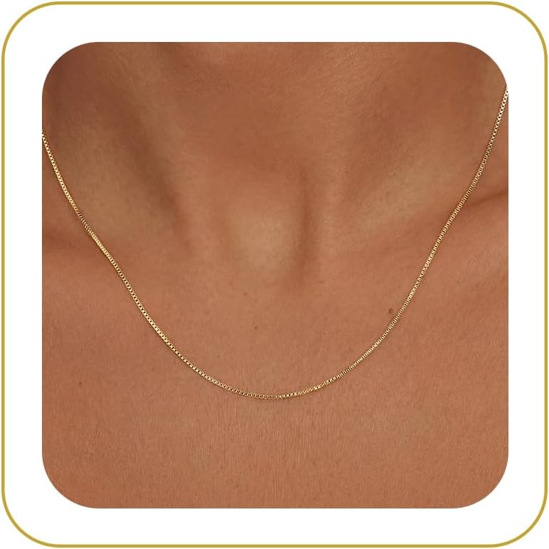 Gold Chain Necklace for Women, 14k Gold Plated Thin Beaded Wave Box Chain Necklace Dainty Gold Necklace Simple Layered Gold Choker Necklaces Minimalist Gold Link Chain Necklace Trendy Jewelry for Women