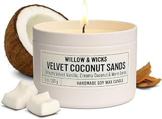 Velvet Coconut Sands Soy Candle – 8oz | Vanilla, Coconut & Santal | Clean-Burning, Non-Toxic | White Tin with Wood Designed Lid | Cozy & Luxurious Scent for Relaxation & Gifting