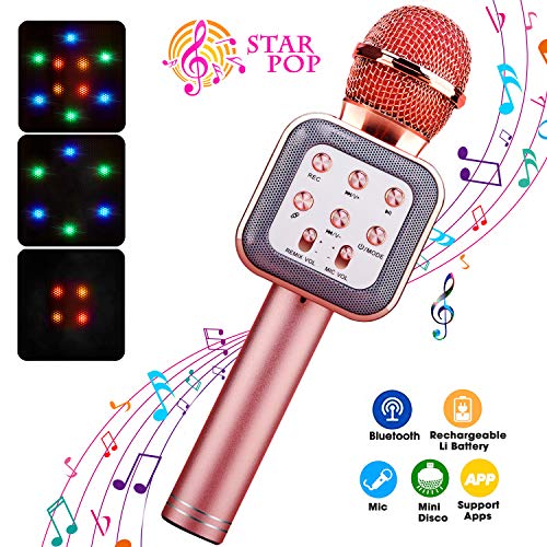 ShinePick Microphone de karaoké Bluetooth 4 en 1 sans fil avec lumières LED, haut-parleur portable, lecteur KTV avec fonction d'enregistrement, compatible avec les appareils Android et iOS rose gold