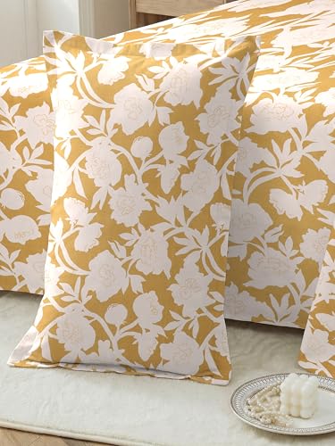 Image of Cotton Glace Cotton Elastic Fitted Bedsheet with 2 King Size Pillow Covers | Double Bed with All Around Elastic, Fits Upto 8 Inches Mattress, Size 72 x 78 Inches (Yellow Flower)