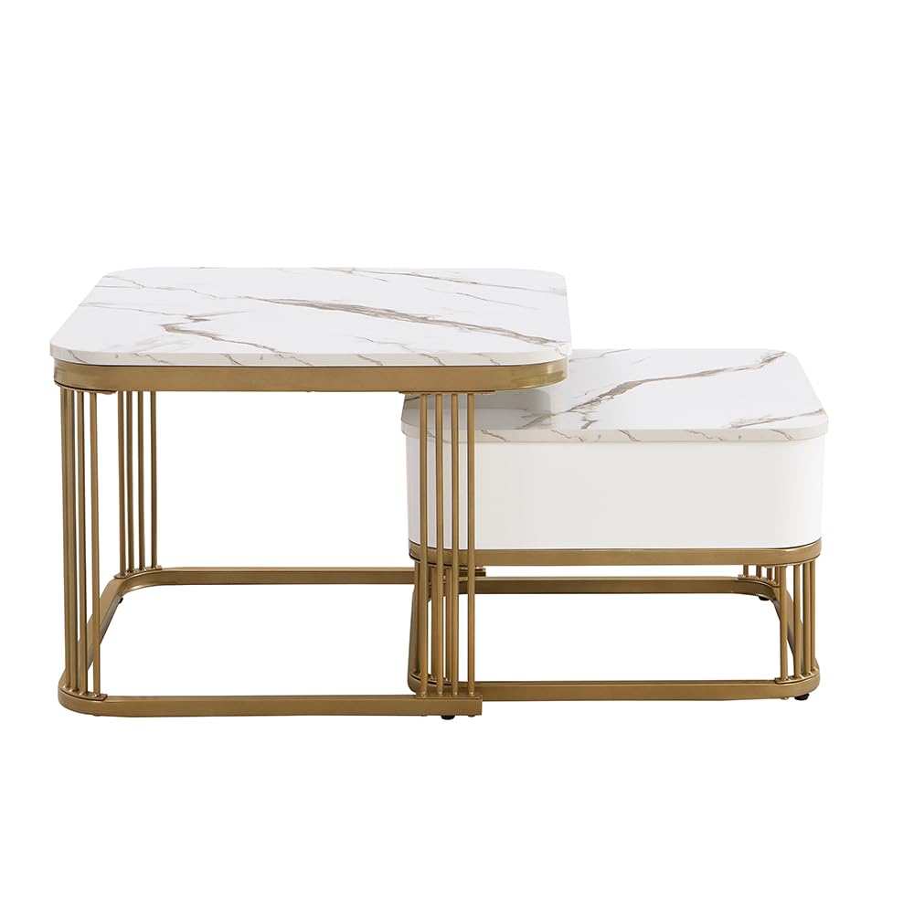 Table basse empilable aspect marbre blanc, table d'appoint de salon doree