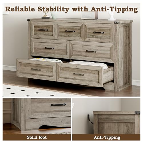 Image of BORNOON 7-Drawer Dresser for Bedroom, Modern Wooden Chest of Drawers with Metal Handles, Anti-Tipping Design, Sturdy and Stable Storage Organizer for Living Room, Entryway, Home Office