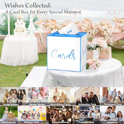 Image of White Card Box for Party, 8.7 inch Blue Foil Gift Cards Receiving Box Holder for Wedding, Bridal Shower, Graduation, Birthday, Retirement, Baby Shower, Anniversaries Party Decorations