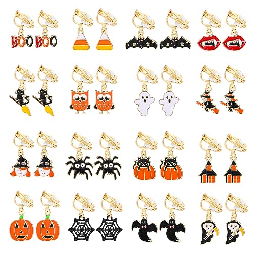 16 Pairs Clip on Halloween Earrings for Women Teen Girls Halloween Clip on Dangle Earrings Set Spooky Ghost Pumpkin Spider Bat Black Cat Witch Fall Earrings Jewelry