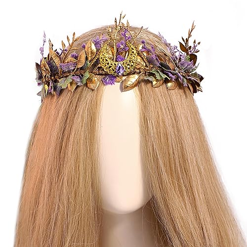 MOSTORY Blättern Krone für Mittelalter Kopfschmuck damen, Elfen Schmuck mit Lila Blumen und Gold Mond für Cosplay Karneval