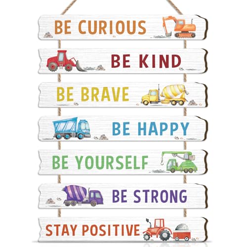 HLNIUC Construction Room Decor for Boys,Motivational Transportation Positive Quotes Hanging Plaque,Cartoon Truck Wall Art,Inspiring Classic Vehicle Hanging Sign for Kids Room Playroom Nursery Decor