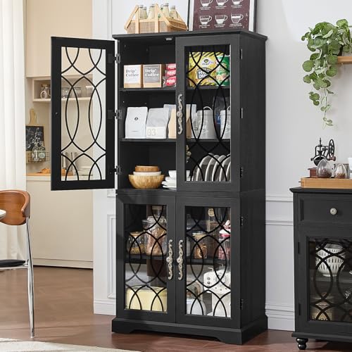 Image of Joaxswe 67 inch Tall Pantry Cabinet, Wood Kitchen Pantries Cabinets with Glass Doors & Adjustable Shelves, Freestanding Vintage Cupboard with Large Storage for Dining Room, Bathroom, Black