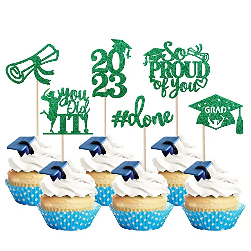 24 Pack Green 2023 Graduation Cupcake Toppers Glitter Class Of 2023 You Did It Done Diploma Grad Cap Cupcake Picks You Did It Cake Decorations For 2023 Graduation Theme Party Decorations Supplies #TOP17