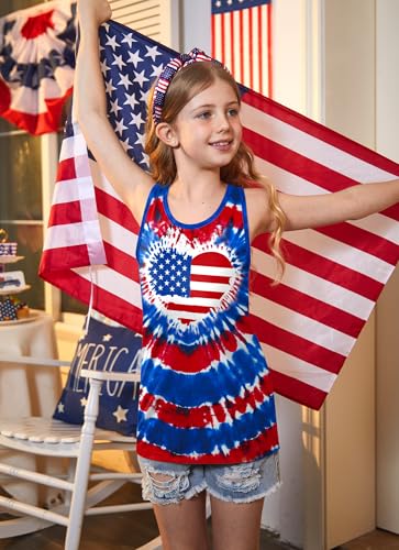 Image of 4th of July Girls Flag Tank Top Back Bow Sleeveless Patriotic Holidays T-Shirt 4-14 Years