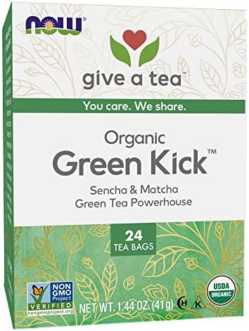 NOW Foods, Certified Organic Green Kick Tea, with Polyphenols, Premium Unbleached Tea Bags with No-Staples Design, No Added Colors, Preservatives, Flavors, or Sugars, 24-Count