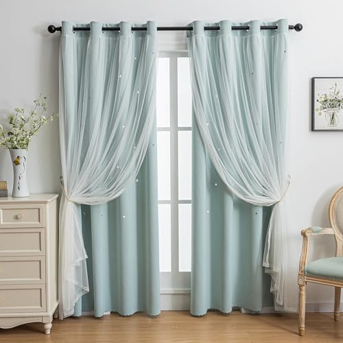 Image of indistar Star Cutout Kids Window Blackout Curtains for Girl Bedroom Window Room Darkening Curtains & Drapes Baby Nursery Curtains (2 Panel,52Wx72L inch,Light Blue)