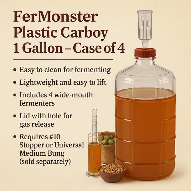 FerMonster Plastic Carboy 1 Gallon Includes Lid w/Hole - Case of 4