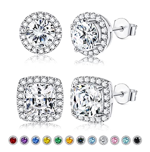 Thunaraz 2Pairs Halo Stud Earrings Round Square Brillant Cut Earrings with Gift Box For Women