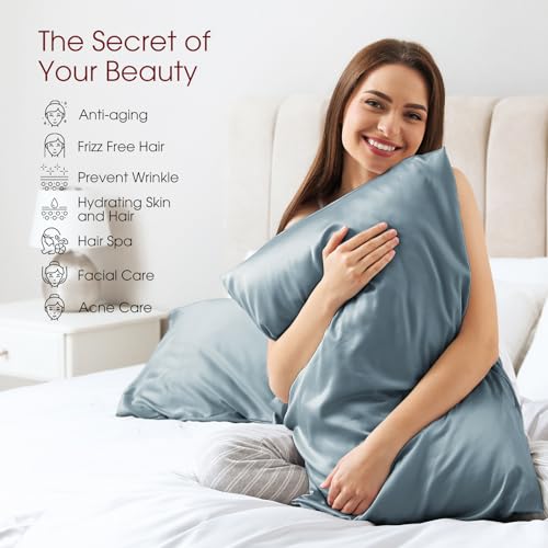 Image of 100% Silk Pillow Cases 2 Pack Queen Size Mulberry Silk Pillowcase for Hair and Skin Set of 2 Highest Grade 6A Silk Soft Breathable Cooling with Hidden Zipper, Grey Blue