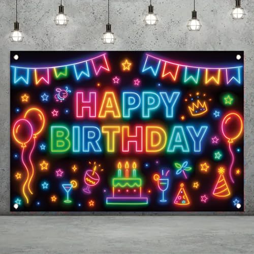 Fondo de cumpleaños neón colorido 71x43 pulgadas miniatura 5
