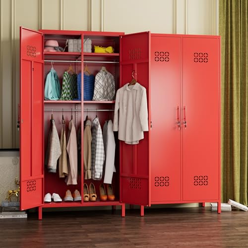 Image of Aobabo Metal Wardrobe Closet with 2 Doors, Metal Wardrobe Cabinet with 4 Adjustable Shelves and 2 Hannging Rods, Storage Locker for Home, Red, Assembly Required