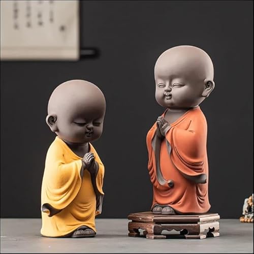 Generic Good Luck Smiling Monk Showpiece for Home Decoration Best Gift Item for Office Desk Decor by The Great Indian Store, Orange+g Yellow